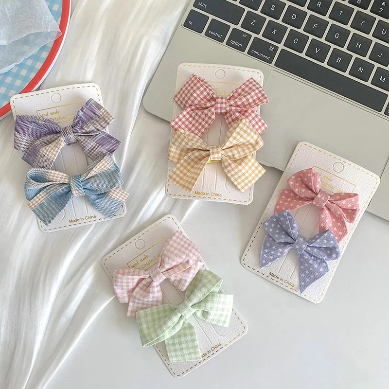 Fashion Kids Cute lace bow Hair Accessories check fabric metal duckbill clips Sweet lovely plaid hair bow clip