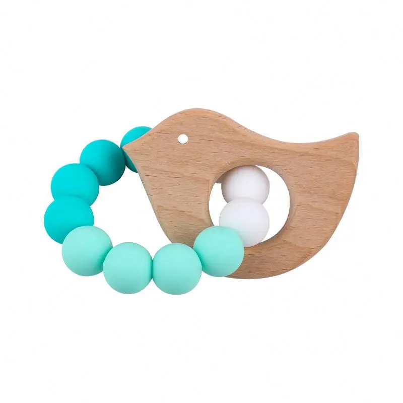 
2020 Cute And Colorful Wood Teether Ring Baby Teething Toy Silicone Beads 