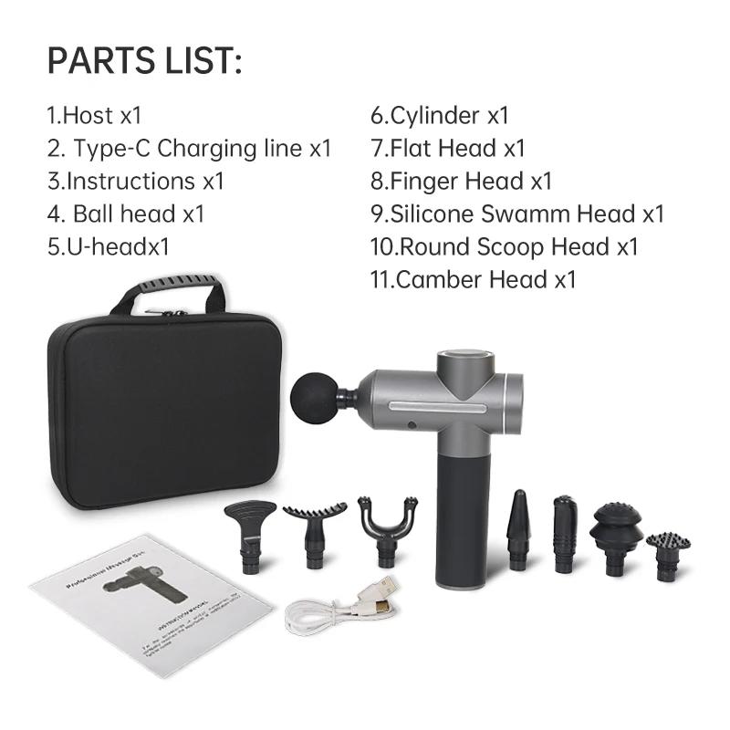 Dropshipping Type-C Handle Pro Fascial Gun 8 Head Percussion Muscle Vibration Cordless Massager Deep Tissue Massage Gun