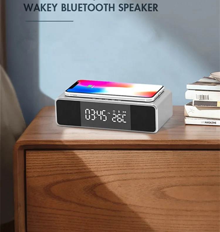 
New Wireless Charging Alarm Clock FM Radio Temperature Display USB Output Bluetooths Speaker with Microphone 