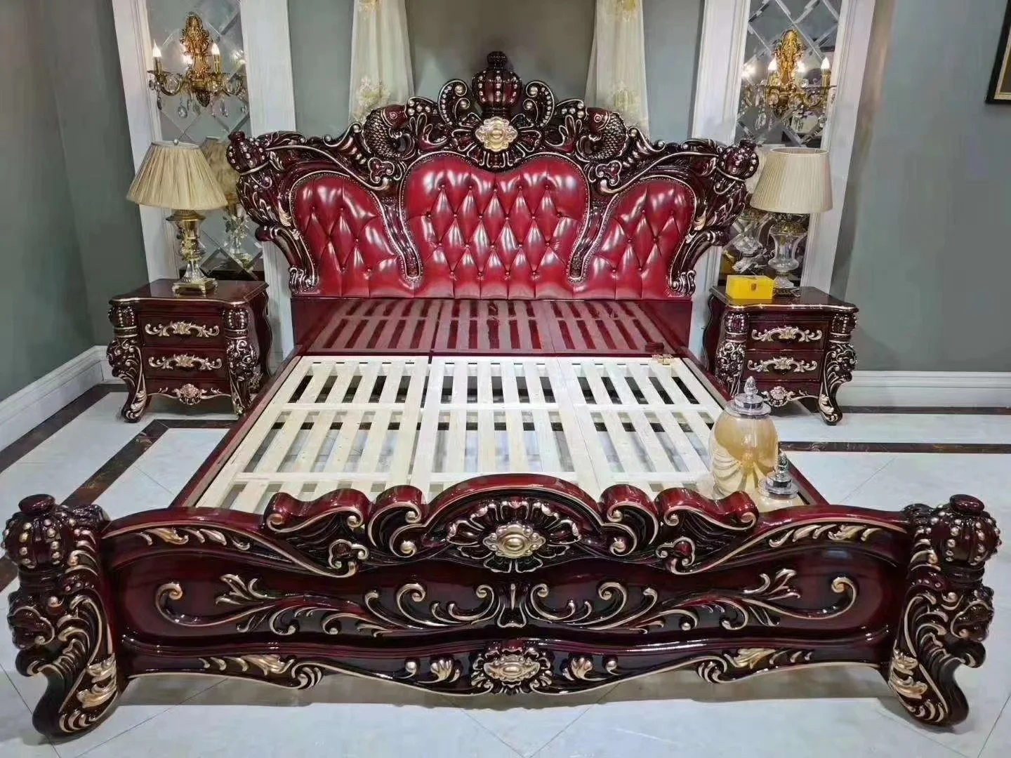 home furniture European Italian classical handmade wooden carved flowers genuine leather royal luxury bedroom set