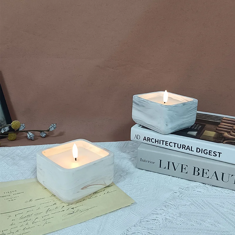 Set 2 Hot Sale Gray Unscented luxury battery operated led Soy Wax Customised Cement Candles for gifts or souvenirs