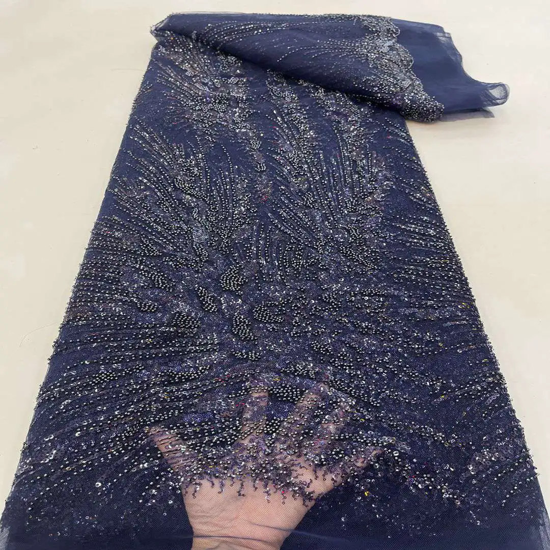Decent Nigerian tulle embroidered beaded guipure lace 3d leaf fabric for evening dress