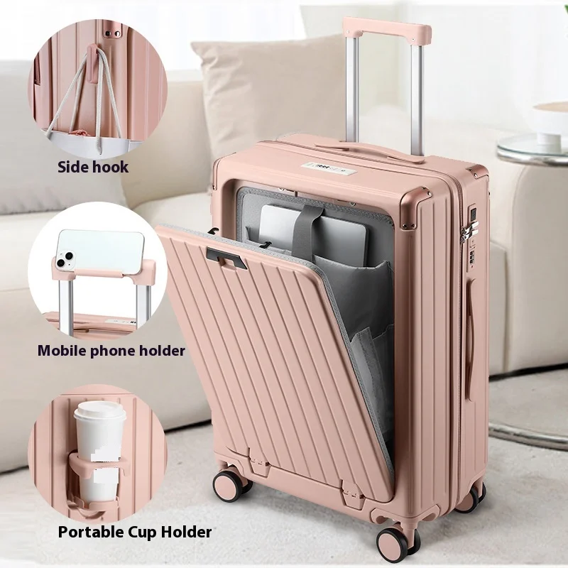 2024 Hot selling front open luggage with moving and cup holder luggage 20-inch boarding trolley case wholesale travel bag
