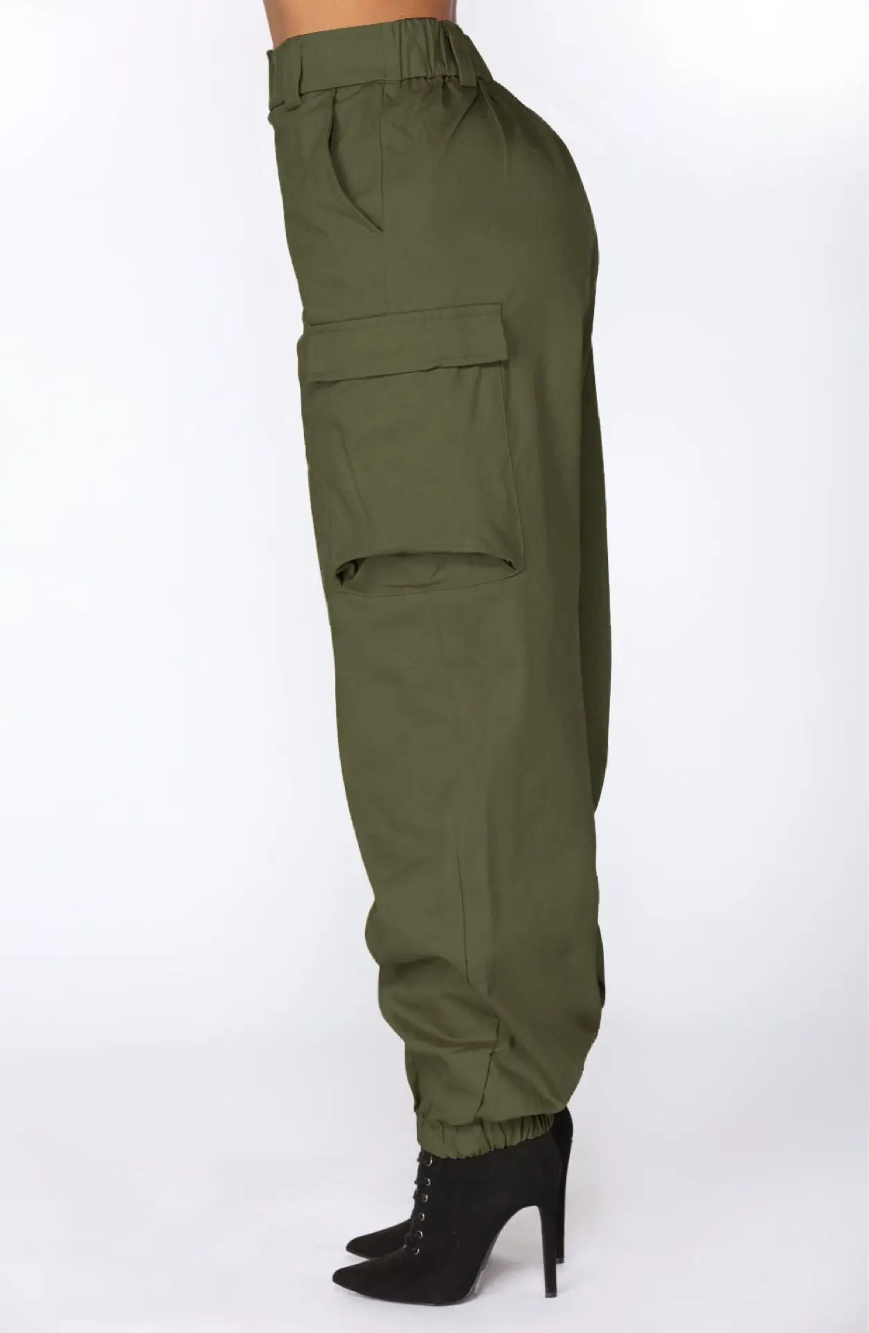 2022 custom logo dropshipping army green high waist casual cotton mix multi pocket streetwear black cargo long baggy pants women