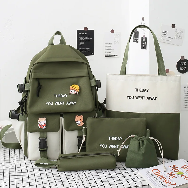 New five-piece schoolbag Korean version ins color matching middle school student schoolbag fashion letter student backpack