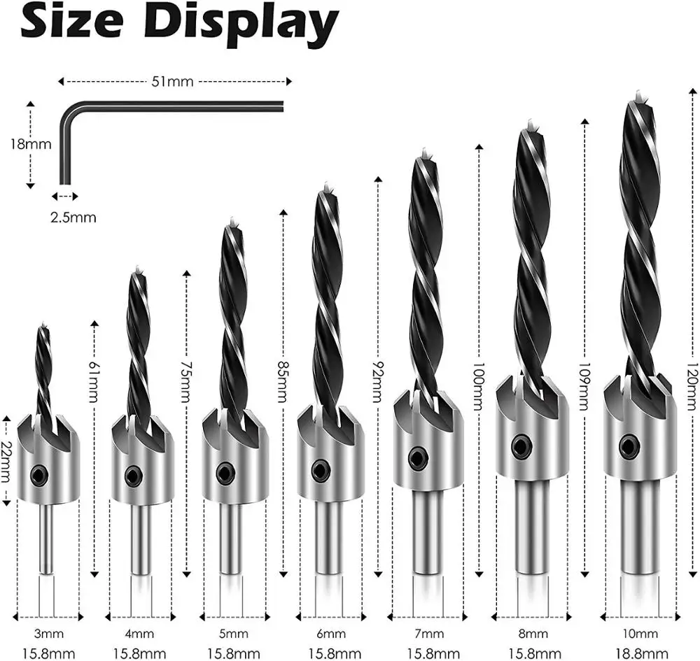 Countersink Drill Bit Set Power Tools Accessories with Hex Key for Plastic, Woodworking Tool by Power Drill (7pcs,3-10mm)