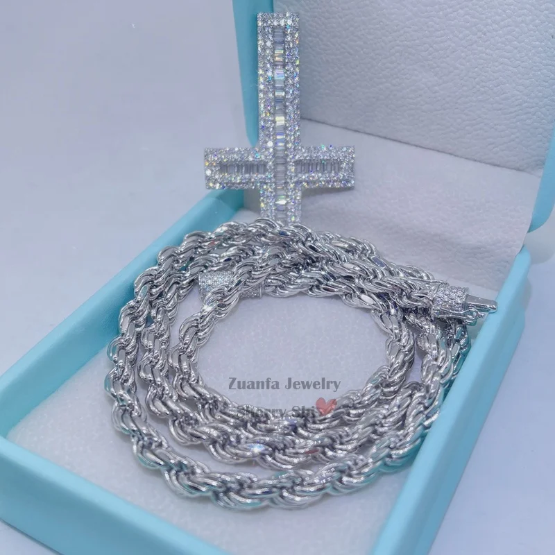 whiote gold 925 silver vvs moissanite diamond iced out hip hop pass diamond tester upside down cross pendant