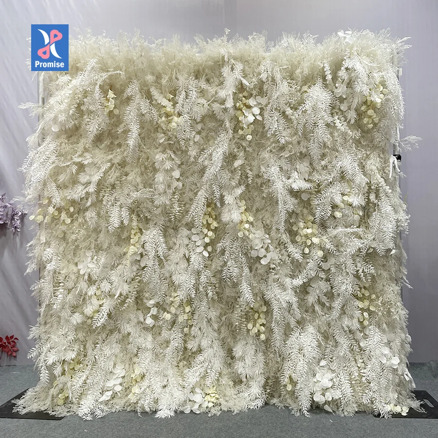 Promise Customized Long Drapery Cream White 3D Hairy Feather Flower Wall With Butterfly Orchid Roll Up Floral Wall