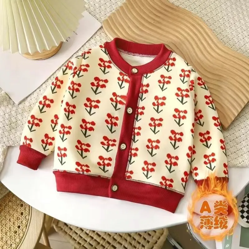 New baby clothes versatile knitted sweater jacket for girls warm cardigan thick outer sweater