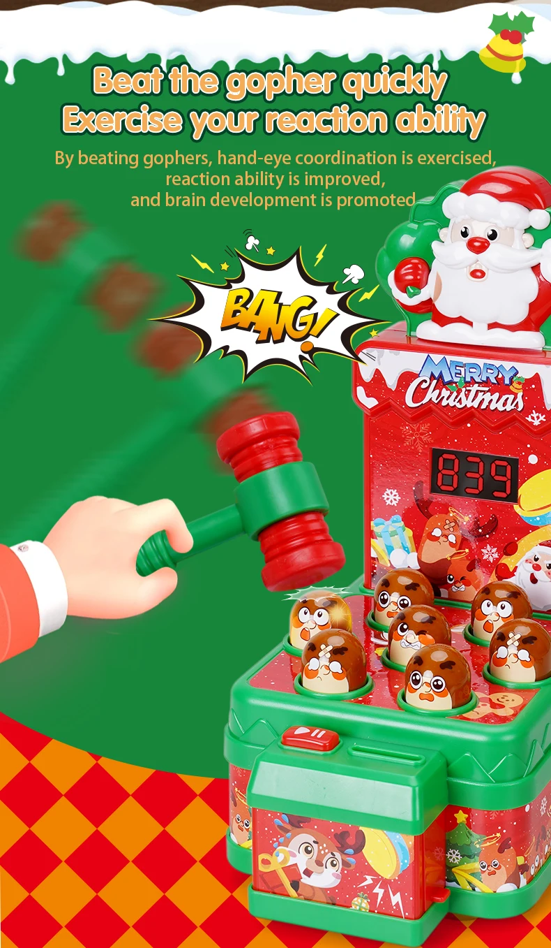 FiveStar Christmas Season Gift Whack A Mole Game With Music Educational Interactive Pounding Toy 2 Players Battle Toys for kids