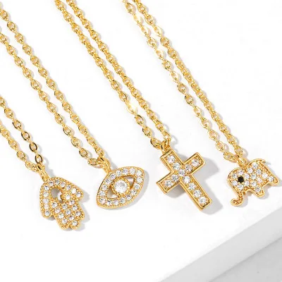 Gold Plated Link Chain Small White Zircon Turkey Eye Elephant Charm Necklaces For Women Fashion Jewelry