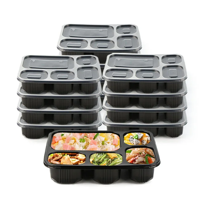 Custom Logo Disposable Divided To Go Food Container Catering Plastic Microwave Safe Black Meal Prep Containers