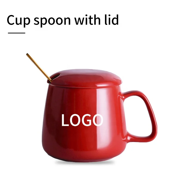 Short and Plump Colored Ceramic Mug Coffee Cup with Lid and Spoon Customized Logo Flat Bottom for Heating Beautiful Drinking Cup