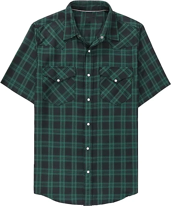 custom Bamboo Cotton Shirts Short Sleeve Cowboy Pearl Snap shirt Vintage Plaid Shirts for Men