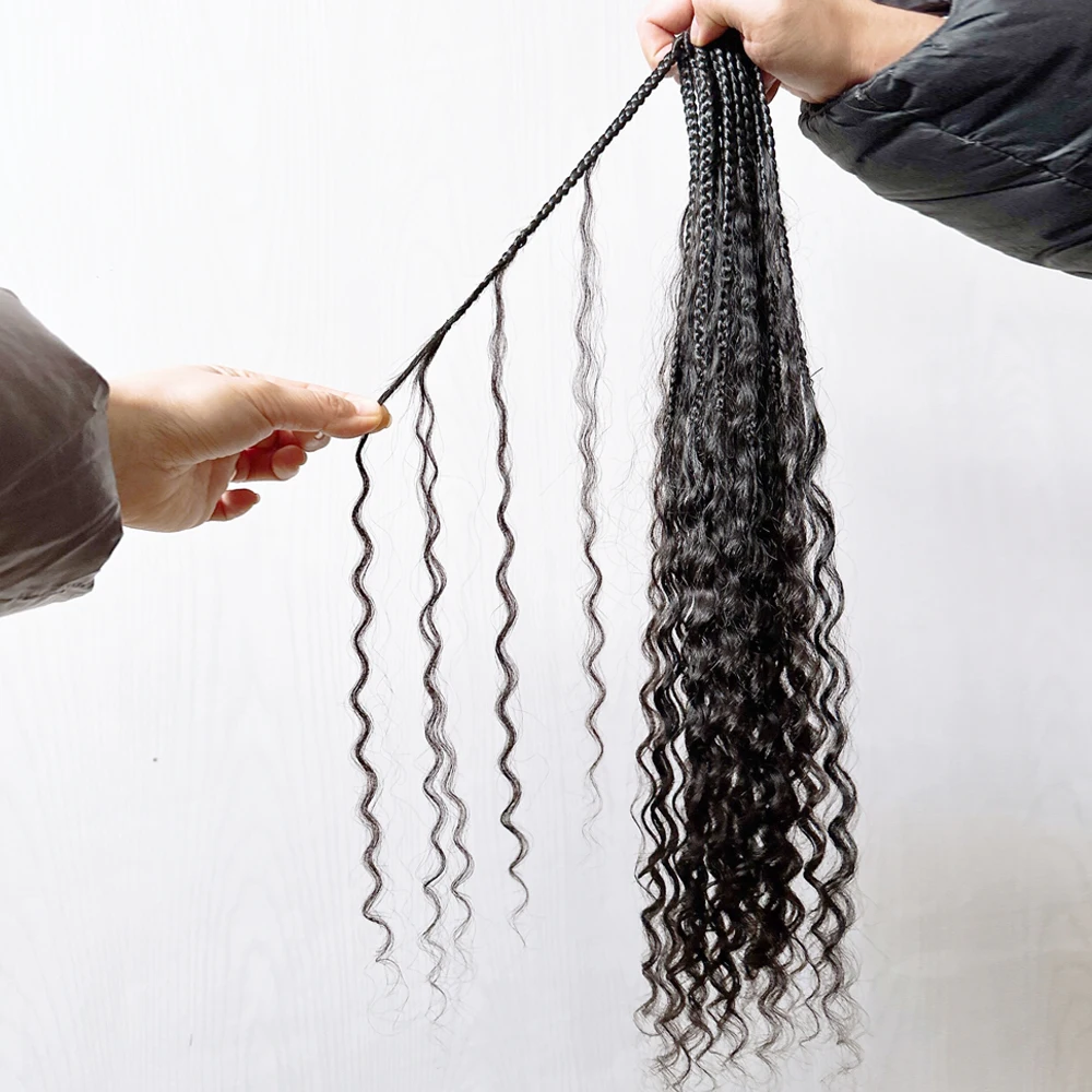 Pre looped Human Braiding Hair Crochet Boho Box Synthetic Braids with Raw Virgin Indian Human Hair Curly