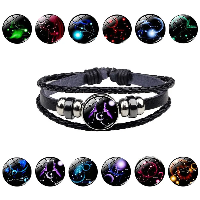 V&R 12 Zodiac Luminous Constellations Bracelets beaded Handmade Charm Punk Rock Braided Men Leather Bracelets