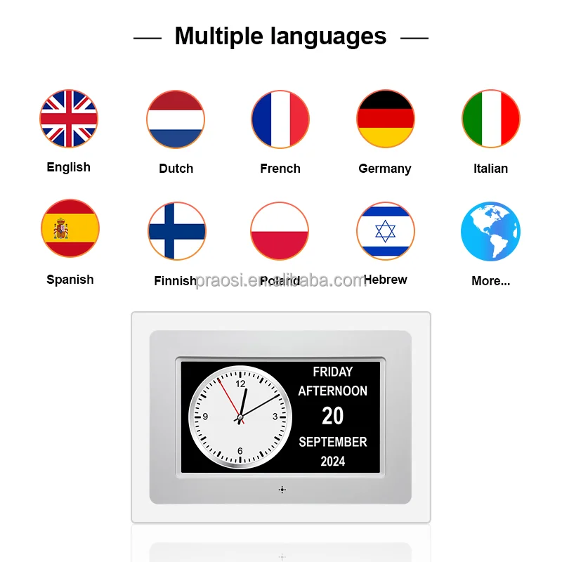 Pros Dementia Memory Loss Alzheimer Digital Calendar Day Analog Clock Auto Dimming Display 24 Alarms 7 inch Acrylic Wall Clocks