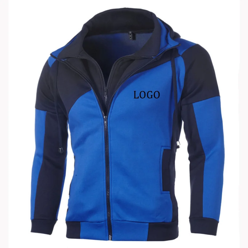 
2021 Outdoor Mens Personality Color Matching Double Layer Zipper Hooded Cardigan Slim Sweater Hot Sale Direct Sale 