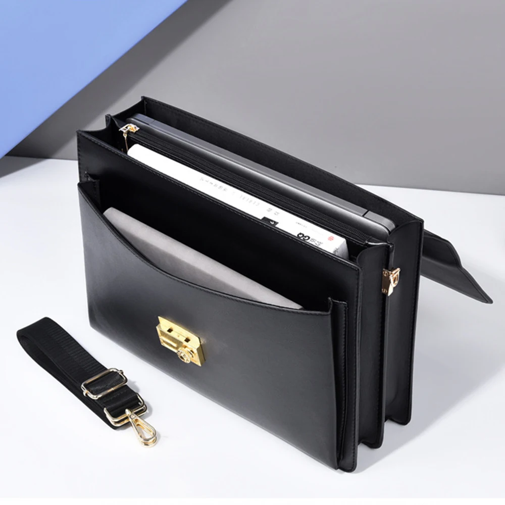 Cowhide Password Lock Shoulder Crossbody Briefcase for Men Leather Portfolio Large Capacity Office Computer Bag Lawyer