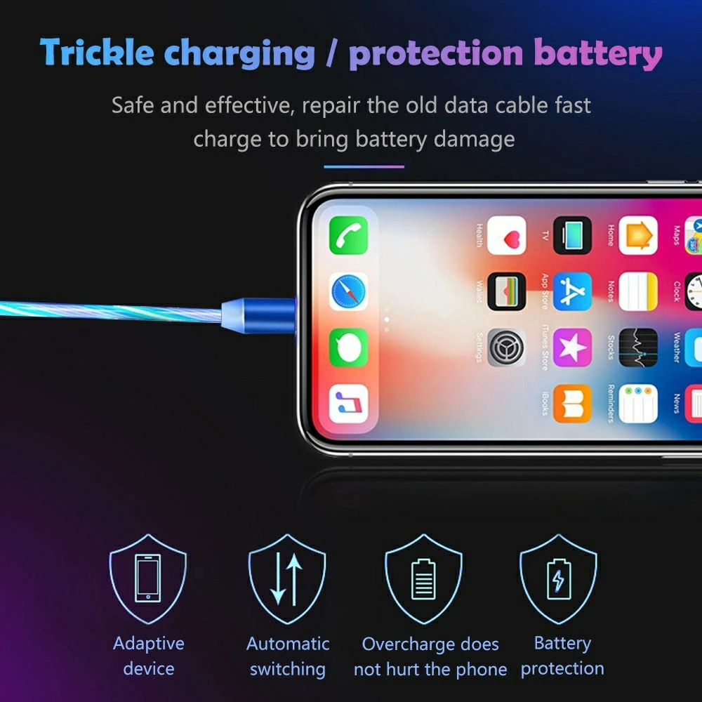 Магнитный USB-кабель 3 в 1 2 м Светодиодный светящийся бегущий кабель Micro USB Type-C кабели для мобильных телефонов яркий зарядный