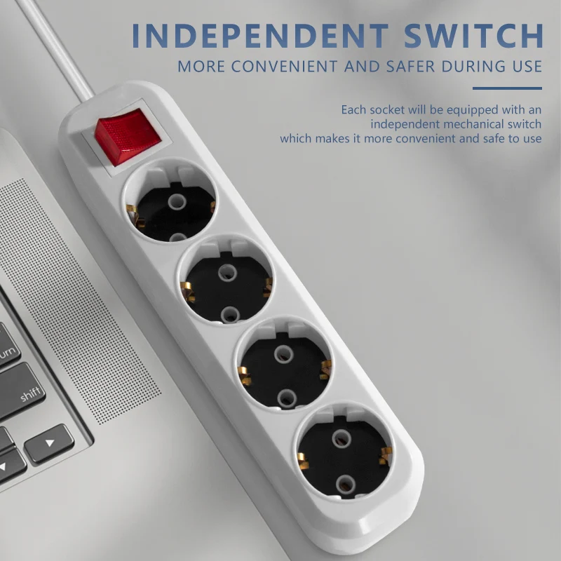 EU white Power  Strip  extension socket  electrical 4 gang extension switches German power socket  power strip