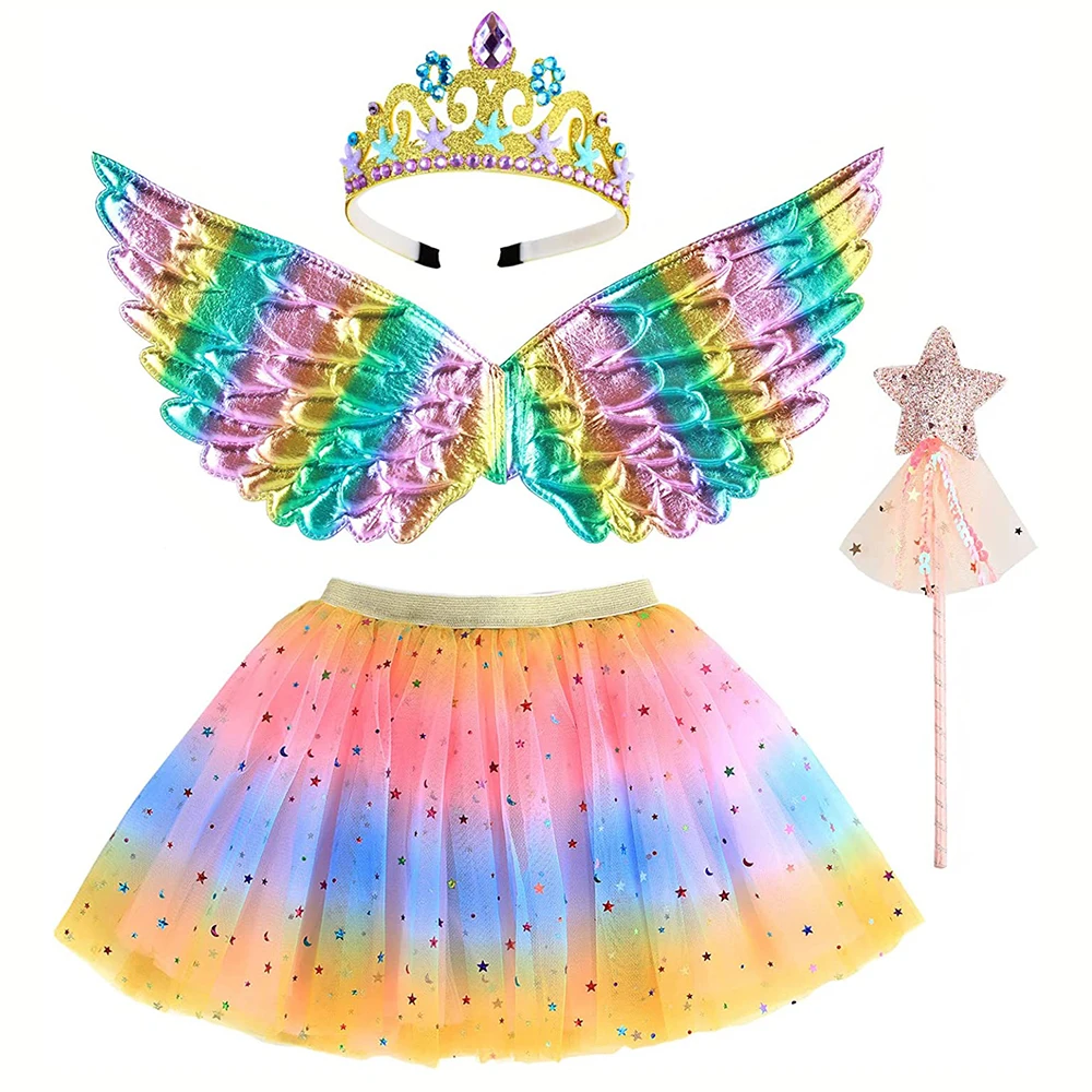 CM026 Princess Rainbow Theme Party Dress Up Accessory Girls Tulle Tutu Skirt Fairy Wing Crown Headband Wand for Birthday Party