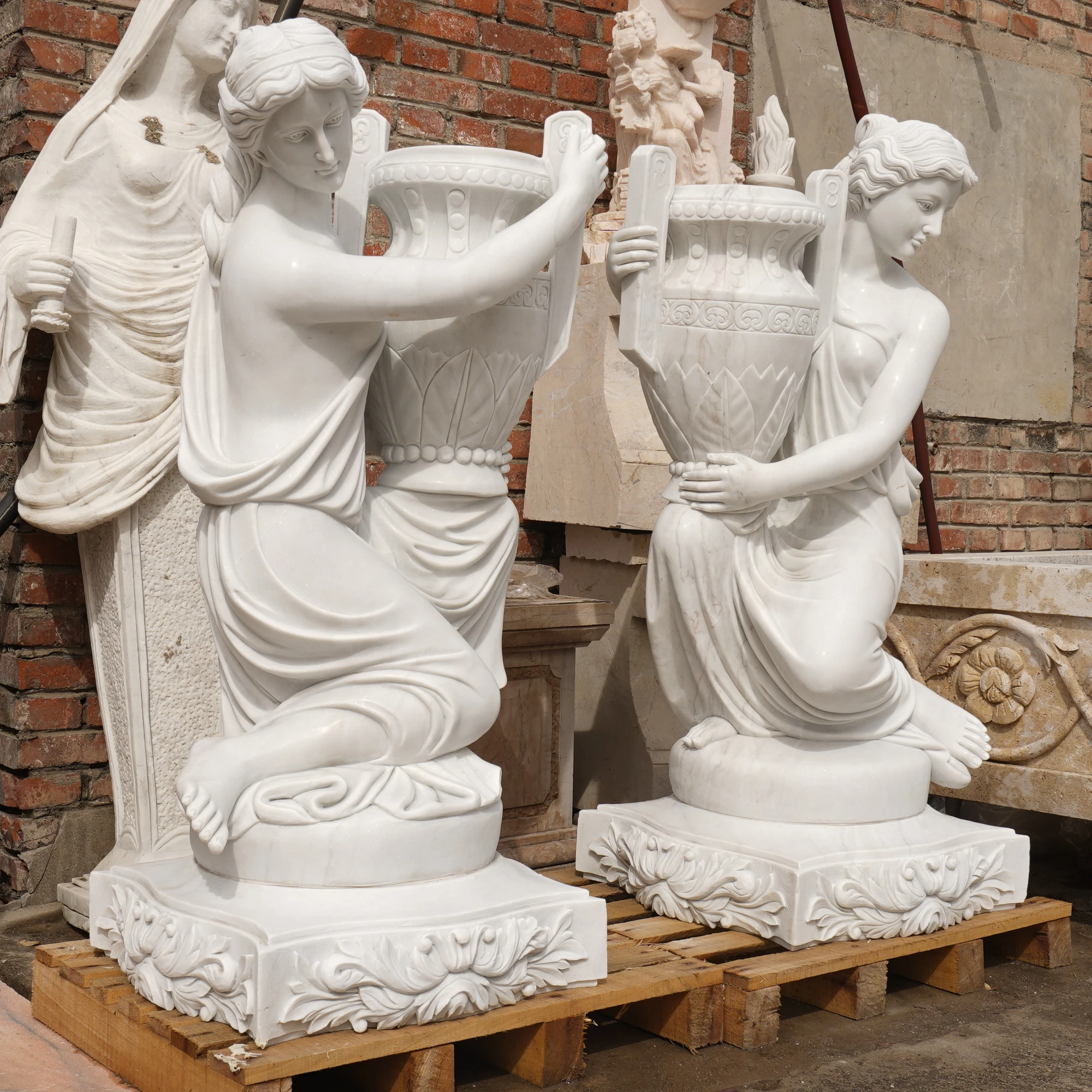 Garden Outdoor Decoration Life Size Natural Hand Carved Stone Marble Lady With Jar Statue