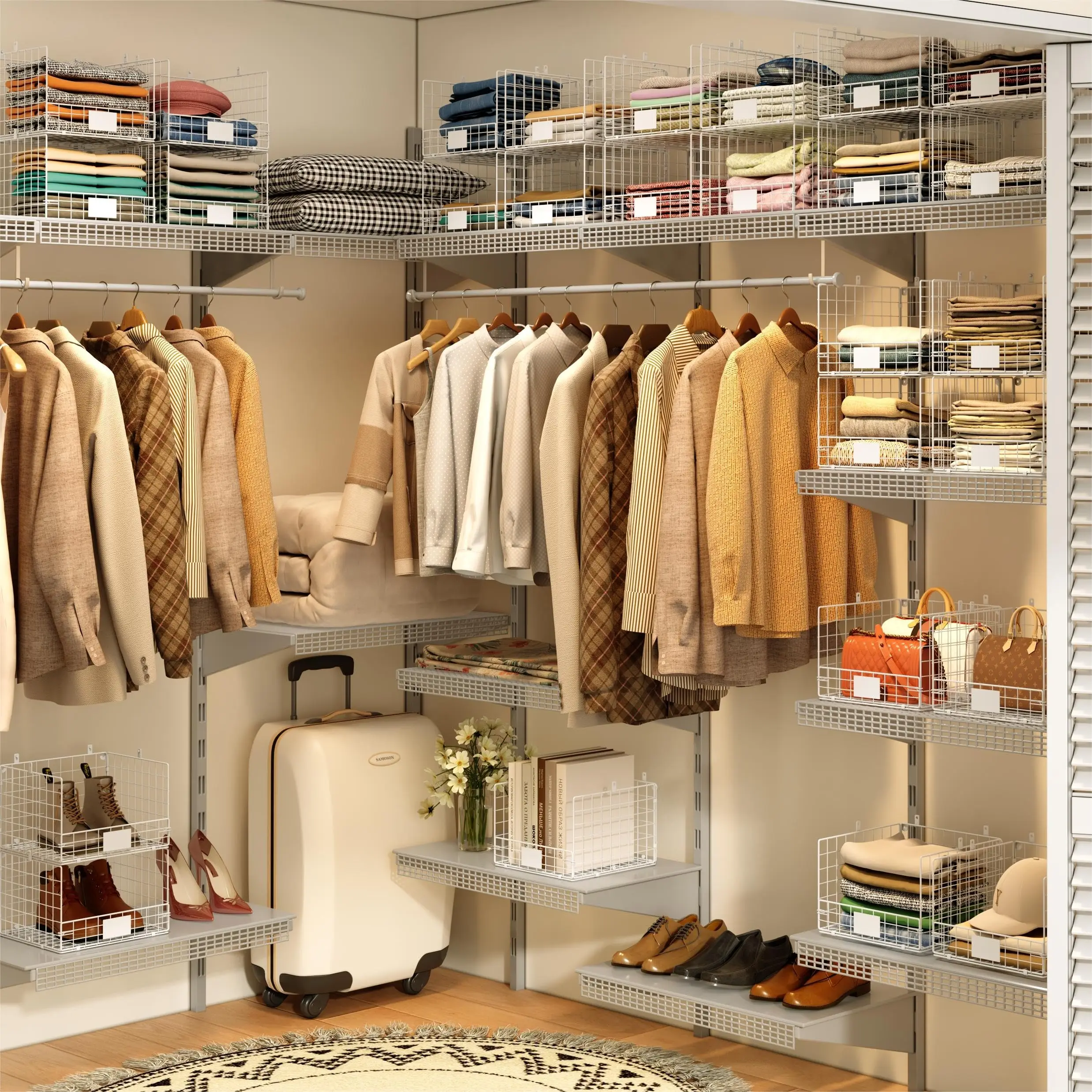 Hot sale 4 Tiers Hanging Closet Shelves Organizer Hooks Wall Mount Cabinet Wire Storage Basket Bins mesh basket for wardrobe