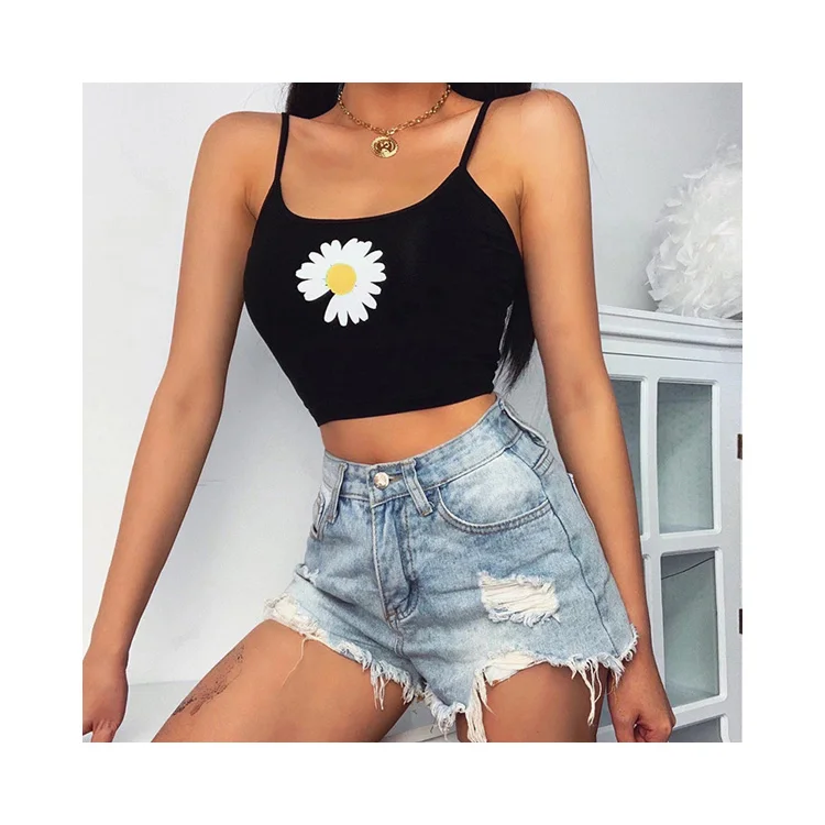  YH2070 Nunu одежда хризантемы печати на бретельках Croptop с низким вырезом спине Топ для женщин Базовая