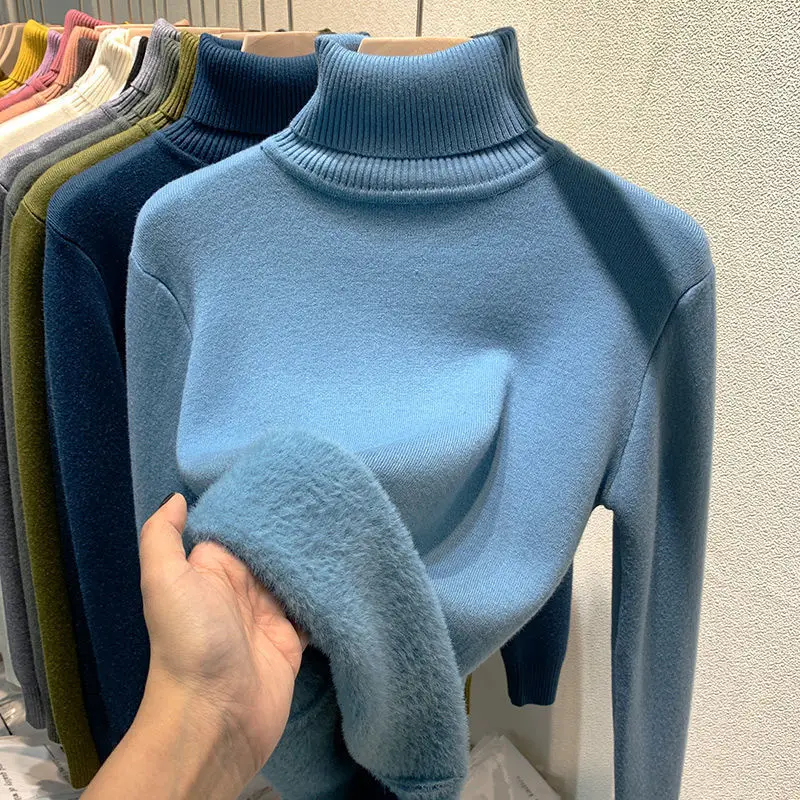 Women Turtleneck Thick Sweater Autumn Winter Long Sleeve Knitted Pullover Top Female Solid Slim Fleece Sweaters