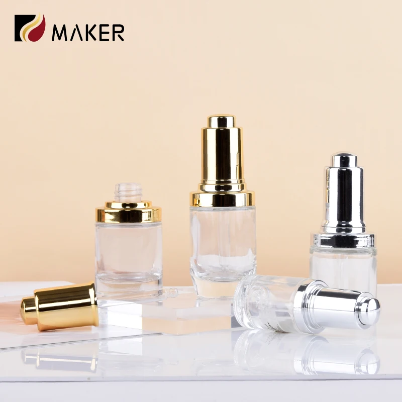 Glass Bottle Supplier 15ml 25ml 30ml Golden Press Skincare Essential Oil Cosmetic Vendors Essence Serum Dispenser Dropper Bottle
