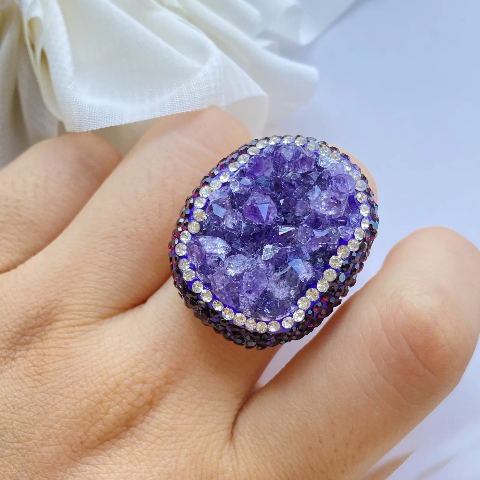 Chunky Natural Druzy Gemstone Gold Plated Crystal Amethyst Rings Adjustable