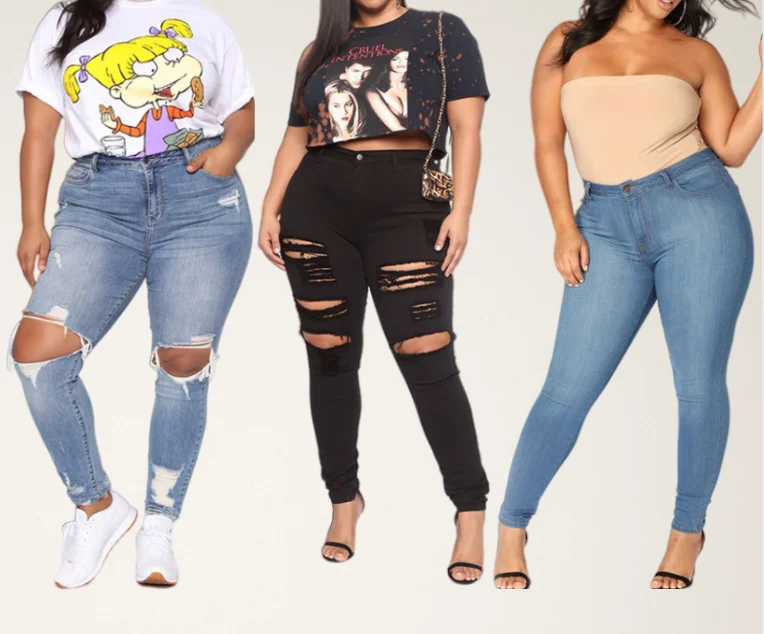 Popular Style Distressed Stretch Denim High Waist Jeans Ripped Plus Size Denim  Pants For Women