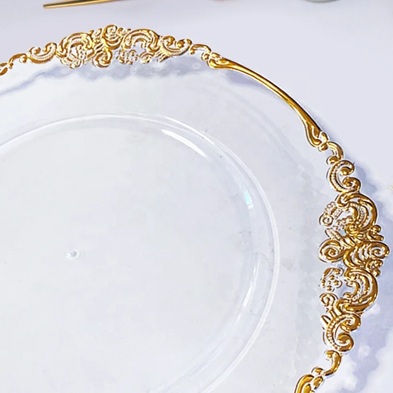 luxury cheap wholesale round transparent plastic reef silver rose gold rim beaded clear charger plates wedding decoration rustic