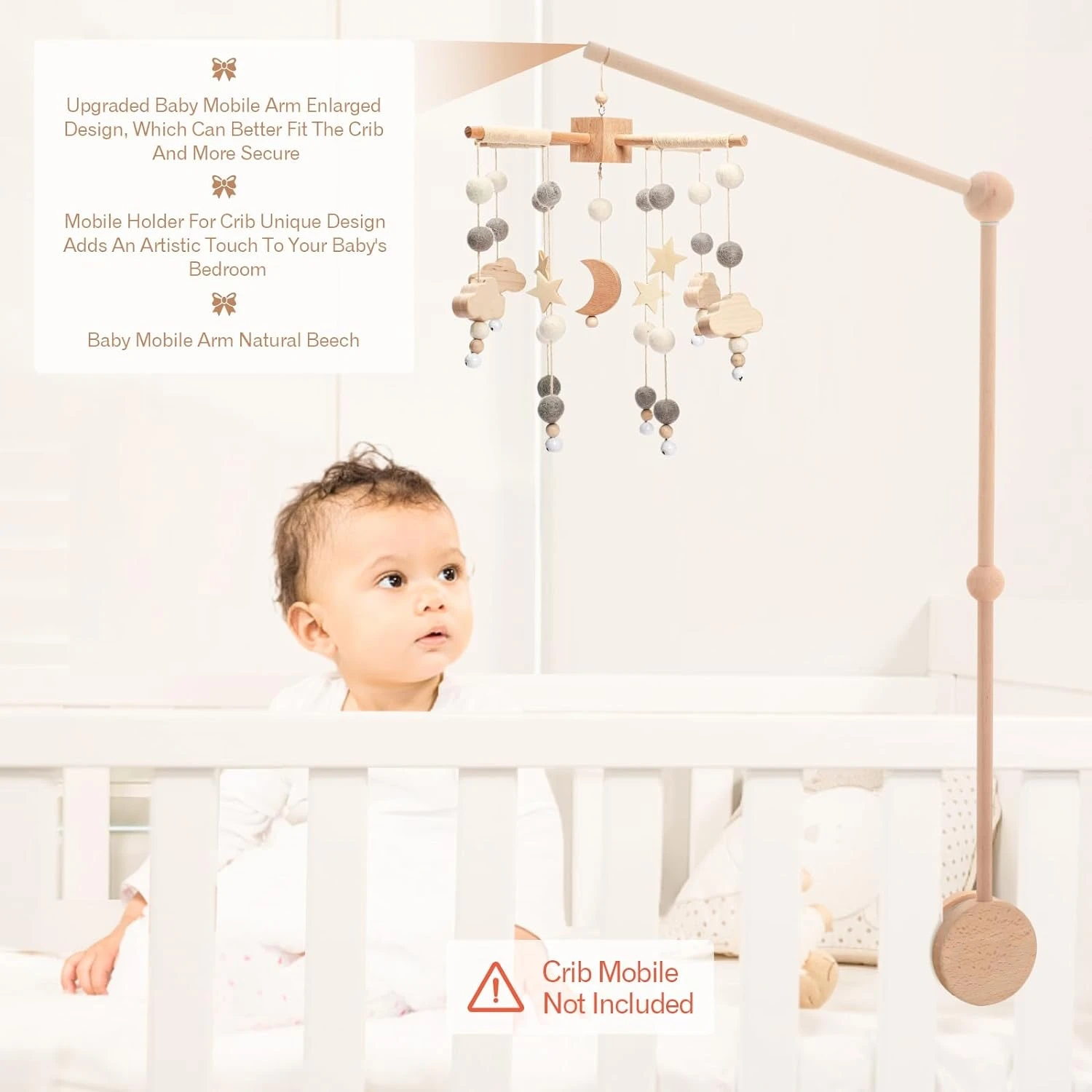 Newborn Rotating Mobile Arm Nursery Decor Beech Wooden Crib Mobile Holder
