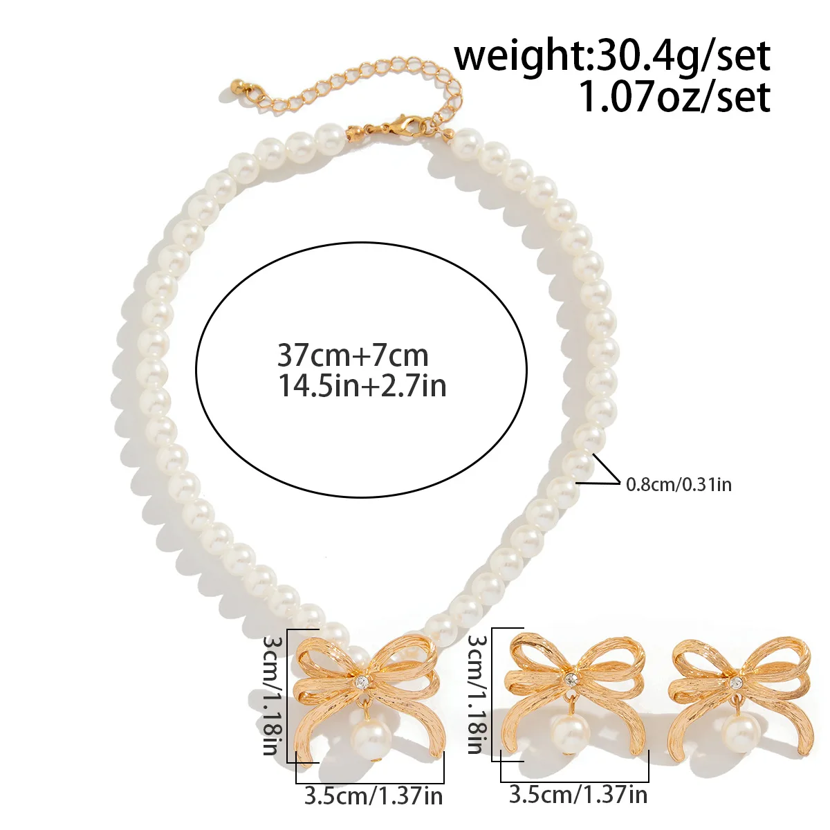 Elegent Pearl Beaded Alloy Bow Necklace Earrings Set Women Statement Fashion Jewelry Set Party Accessories