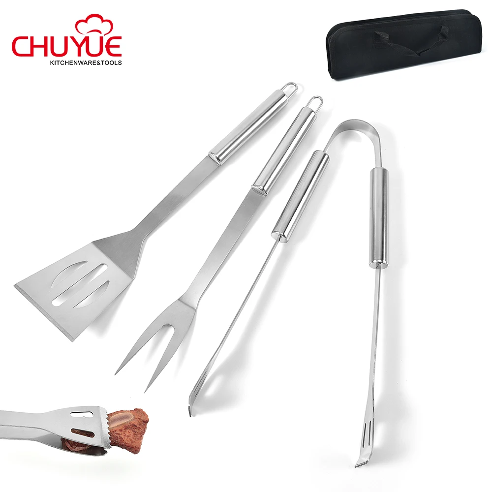 Outdoor  Portable Camping BBQ Grill Tools stainless steel Set 3 pcs bbq accessories