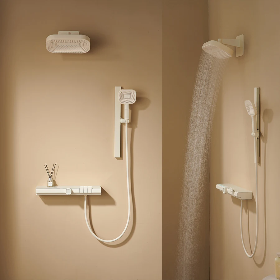 Real good thermostatic shower set for home use environment with large shelf and massage top shower