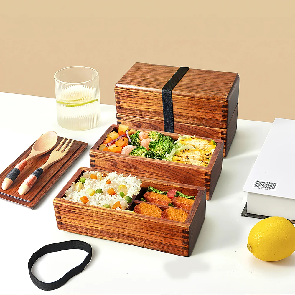 Деревянный японский Ланч-бокс Bento с вилкой и ложкой контейнер для хранения еды детей взрослых