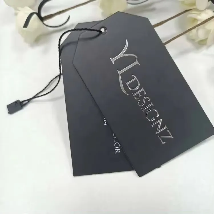 Custom Black Knotted Strings Hanging Clothe Personalized Print Name Paper Luxury Swing Tag For Clothing Hangtag
