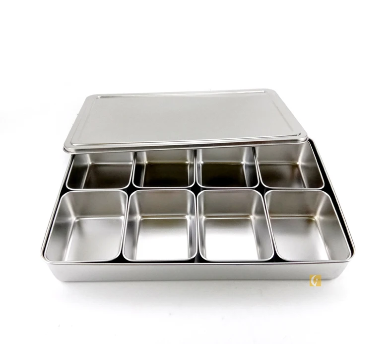 Hot selling rectangular stainless steel Japanese style 8 compartment seasoning box with lid spice container box storage box