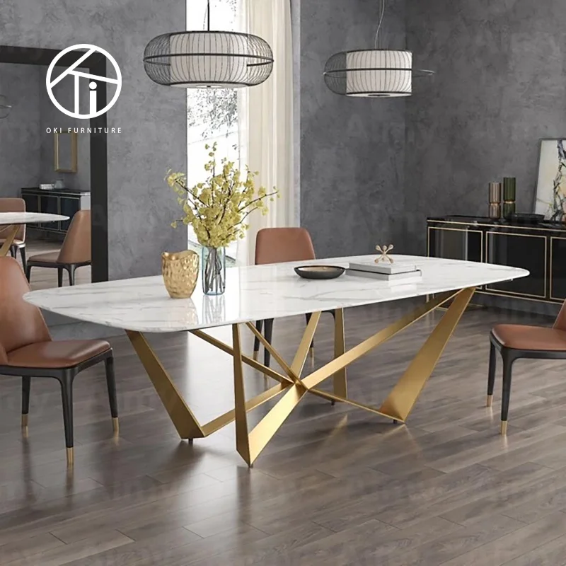 modern dining room fancy unique luxury gold stainless steel metal crossed leg stone marble dining table 8 seater