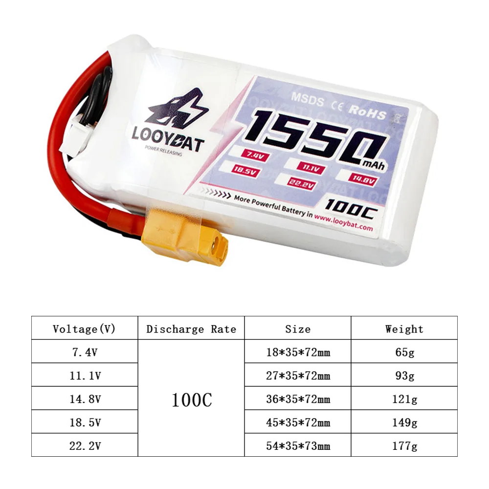 RC Lipo Battery 11.1V 14.8V 22.2 V 1100mAh 1300mAh 1550mAh 1800mAh 100C 3S 6S Lipo Rechargeable Battery For FPV RC Quadcopter