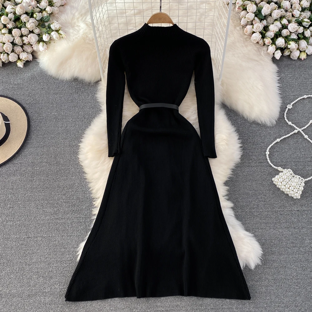 LE2685 Autumn Winter Knitted Dresses Factory Sweater Dresses Ladies Splicing Gradual Change Knitted Pleated Belted Swing Dresses