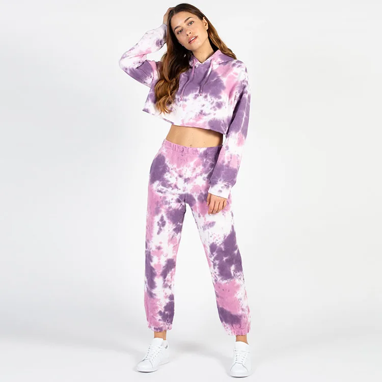 Custom Tie Dye Hip Hop Sports Street Dance Tracksuit Fashion Style Oversized Fit Crop Hoodie Slim Leg Opening Pants Sweatsuit