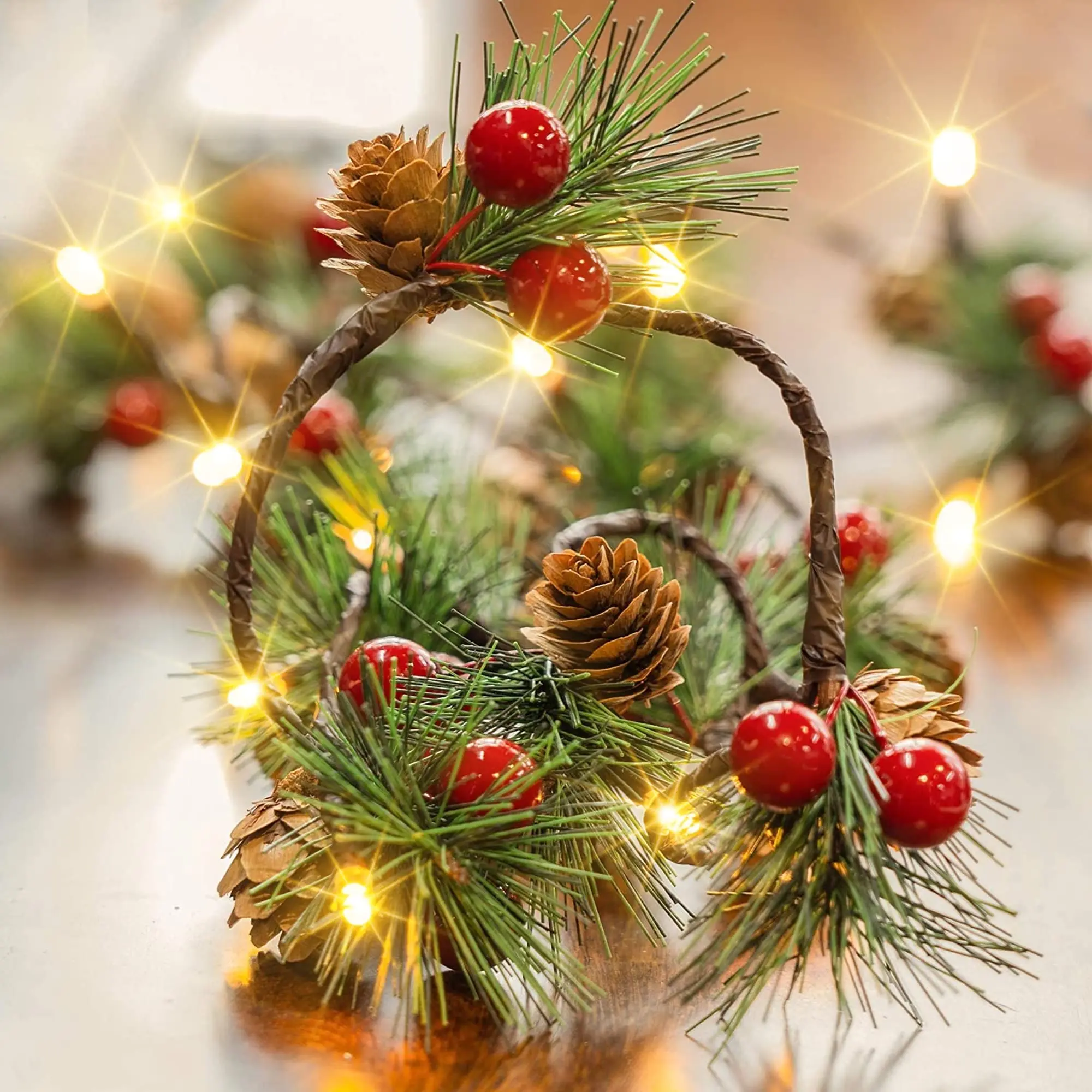 Christmas Wreath with Red Berries Pine Cones Fairy String Lights Suitable for Indoor and Outdoor Christmas Decoration