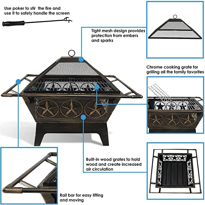 Garden Backyard Poolside Flame-Retardant Mesh Lid Best Choice Products Hex-Shaped 24in Steel Fire Pit