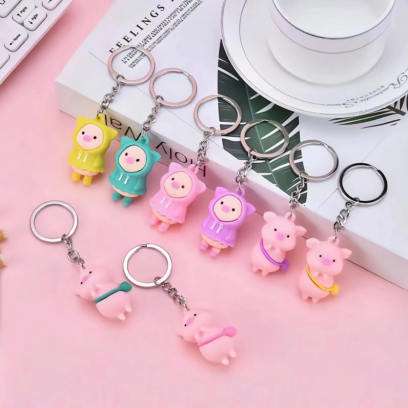 Custom Cute Soft Glue 3D PVC Raincoat Piglet Anime Keychain Kawaii Milk Satchel Go to School Pig Doll for Woman Bag Key Pendant