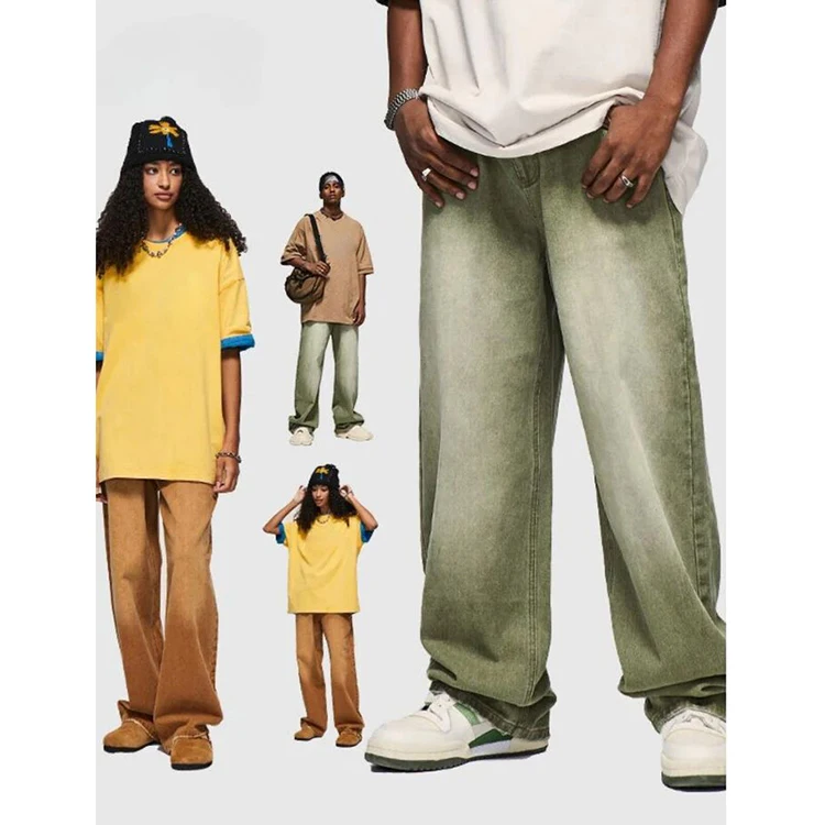 Customized street retro lazy high street hip hop yellow mud color enzyme washed retro men wide leg jeans high quality jeans men